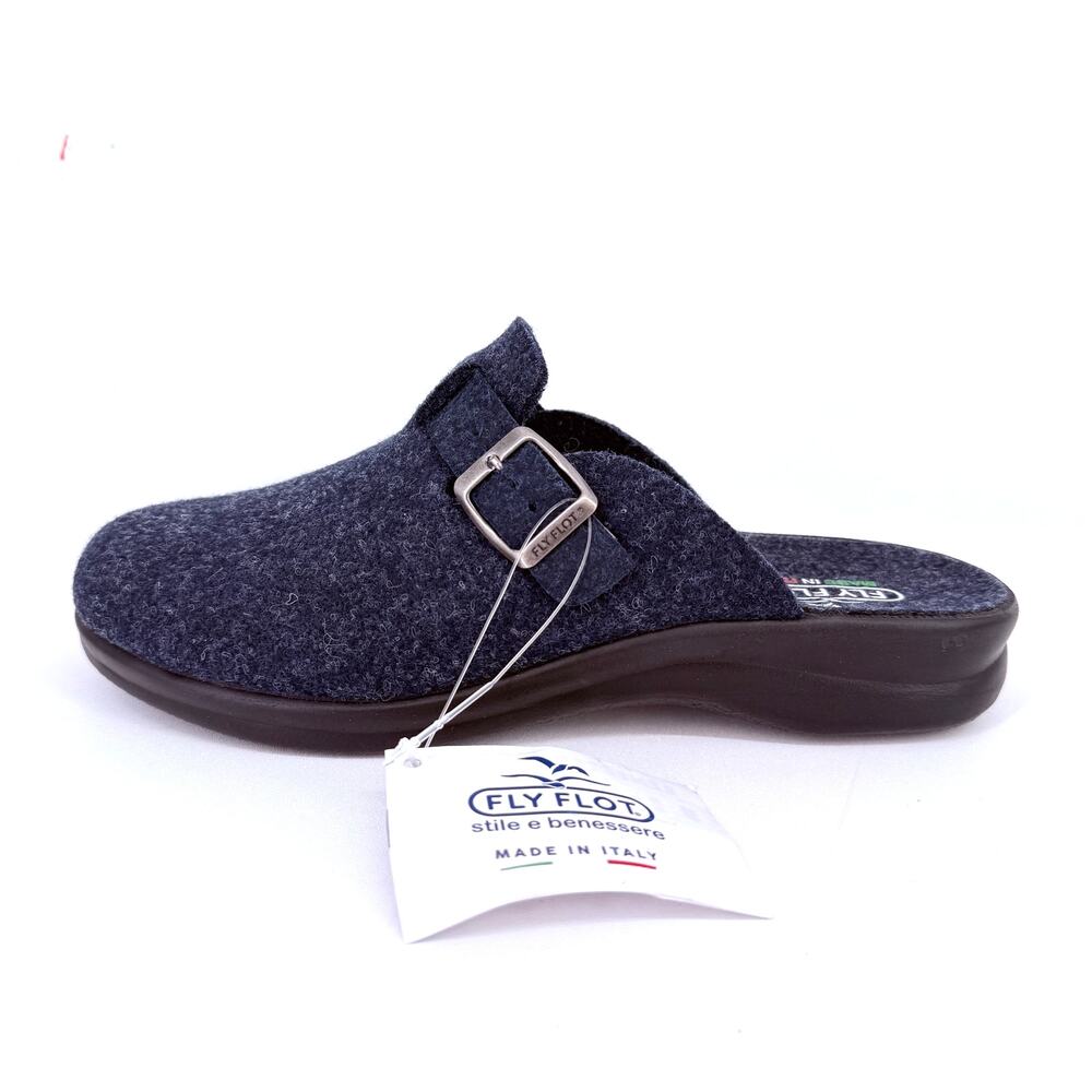 Fly Flot Felt Clog Slip On Slippere Shoes Womens Sz 40 9 Navy Blue Buckle Italy - Picture 2 of 9